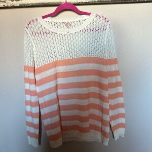 Ekklesia Womens Pullover Sweater White Striped Long Sleeve Scoop Crochet